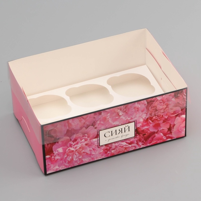Коробка для 6 капкейков с прозрачной крышкой, Коробка для 6 капкейков с прозрачной крышкой, "Сияй от счастья", 23 × 16 × 10 см, кондитерская упаковка