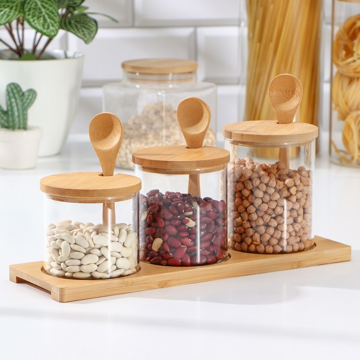 Банки стеклянные для хранения сыпучих продуктов Magistro &laquo;Эко&raquo;, 3 предмета: 220/320/420 мл, с ложками