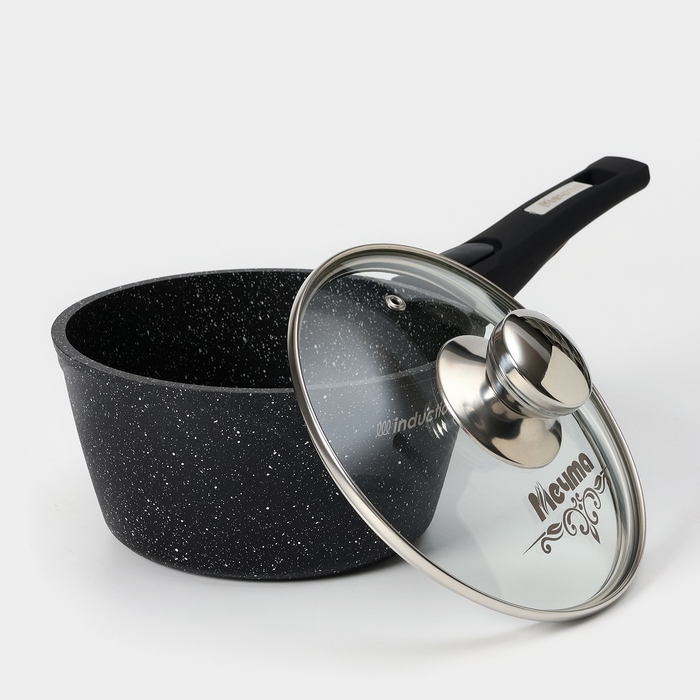 Ковш &laquo;Гранит black&raquo; Induction Pro, 1,7л, стеклянная крышка, съёмная ручка, цвет чёрный