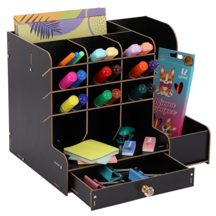 Органайзер - подставка настольный deVENTE. Elrix 24,5 x 15 x 25,5 см, МДФ, чёрный, картонная коробка Органайзер - подставка настольный deVENTE. Elrix 24,5 x 15 x 25,5 см, МДФ, чёрный, картонная коробка