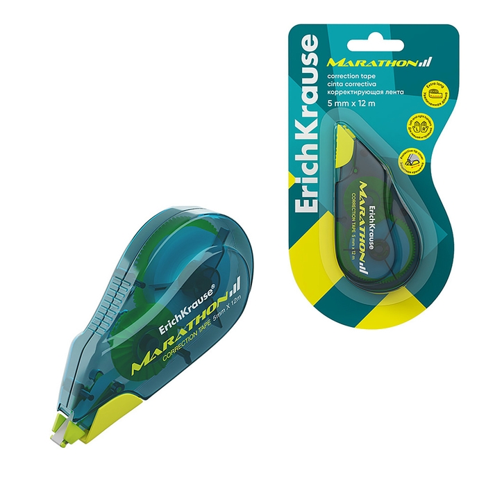Корректирующая лента 5 мм х 12 м, ErichKrause Marathon, корпус морская волна, блистер