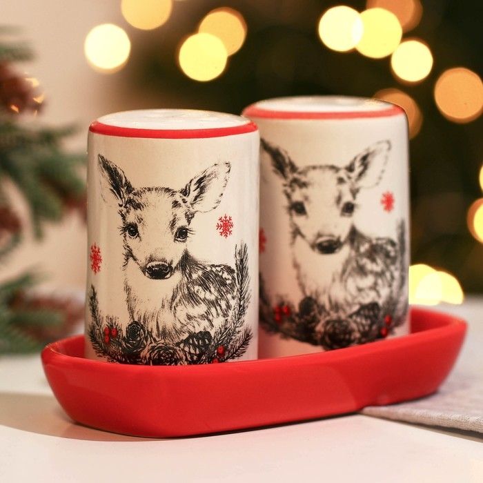 Новый год. Набор для специй керамический &laquo;Оленята&raquo;, 12х6.5х7 см, цвет белый