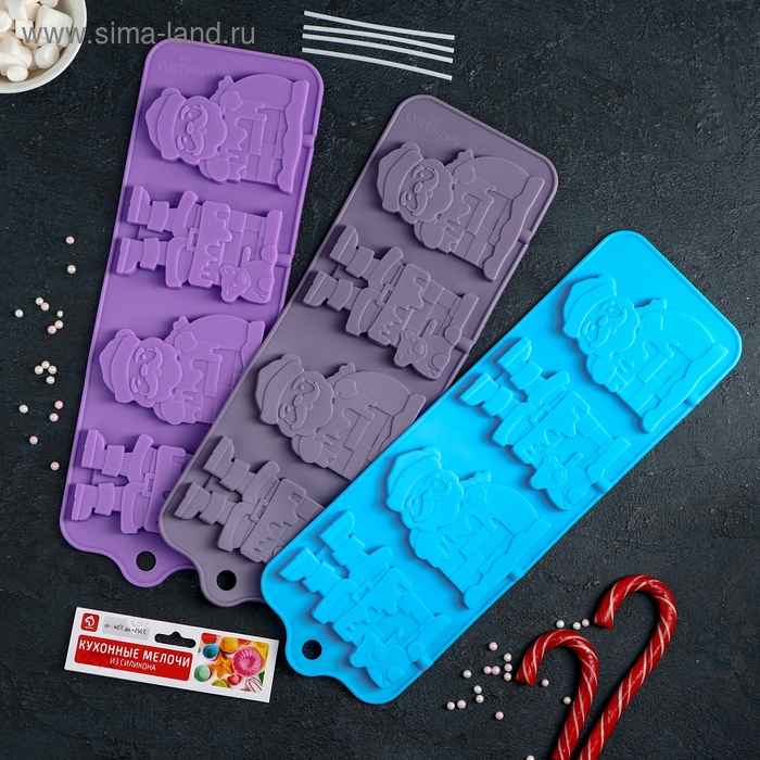 Форма для леденцов новогодняя Доляна &laquo;Дед Мороз&raquo;, силикон, 36&times;12 см, 4 ячейки (10,2&times;7,5 см), с палочками, цвет МИКС