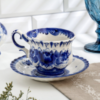 Чайная пара "Шатер", гжель, фарфор, 9х15 см Чайная пара "Шатер", гжель, фарфор, 9х15 см