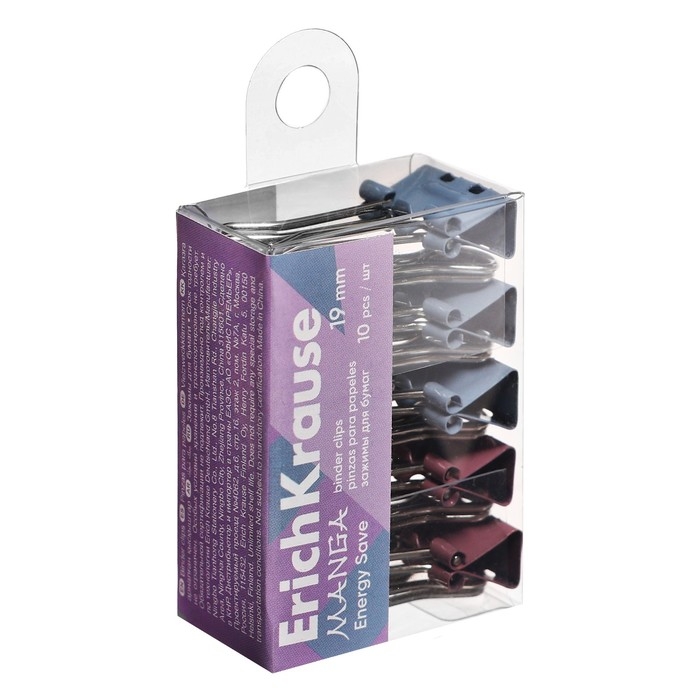 Набор зажимов для бумаг ErichKrause Набор зажимов для бумаг ErichKrause "Energy Save Manga", 19 мм, 10 штук, микс, в пэт-боксе