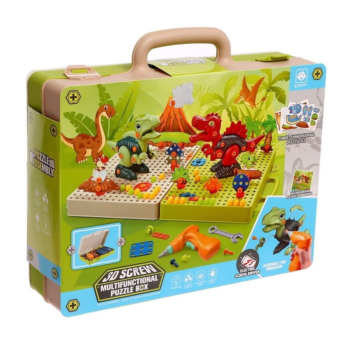 Конструктор винтовая мозаика &laquo;Диномир&raquo;, с электрическим шуруповёртом, 212 деталей