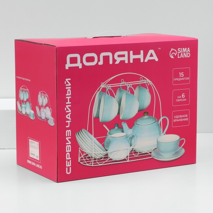 Сервиз фарфоровый чайный Доляна &laquo;Млечный путь&raquo;, 15 предметов: 6 чашек 220 мл, 6 блюдец d=13,5 см, молочник 300 мл, сахарница 350 мл, чайник 1000 мл, цвет бирюзовый