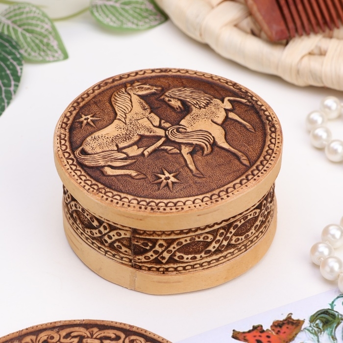 Шкатулка Шкатулка "Лошадки", круглая, береста, микс