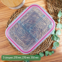 Контейнер для еды трёхсекционный из жаропрочного стекла Доляна &laquo;Клик&raquo;, 270/270/350 мл, 21&times;16&times;7 см, с крышкой