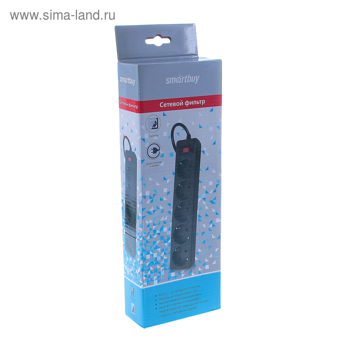 Сетевой фильтр Smartbuy One, 5 розеток, 5 м, 10 А, 2200 Вт, с з/к, черный