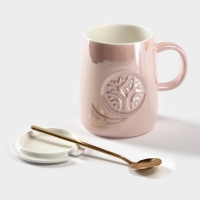 Кружка керамическая с ложкой «Древо», 380 мл, цвет розовый Кружка керамическая с ложкой «Древо», 380 мл, цвет розовый