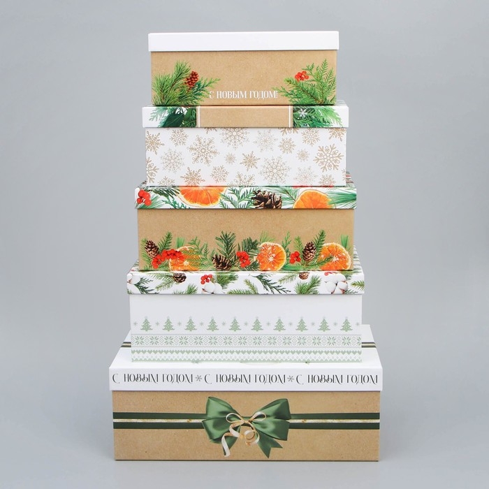 Набор подарочных коробок 5 в 1 &laquo;Новогодний&raquo;, 22 х 14 х 8.5 ‒ 32.5 х 20 х 12.5 см, Новый год