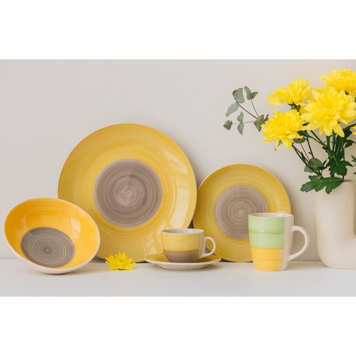 Чайная пара керамическая Доляна «Бутон», 2 предмета: чашка 200 мл, блюдце d=14,5 см, цвет жёлтый Чайная пара керамическая Доляна «Бутон», 2 предмета: чашка 200 мл, блюдце d=14,5 см, цвет жёлтый