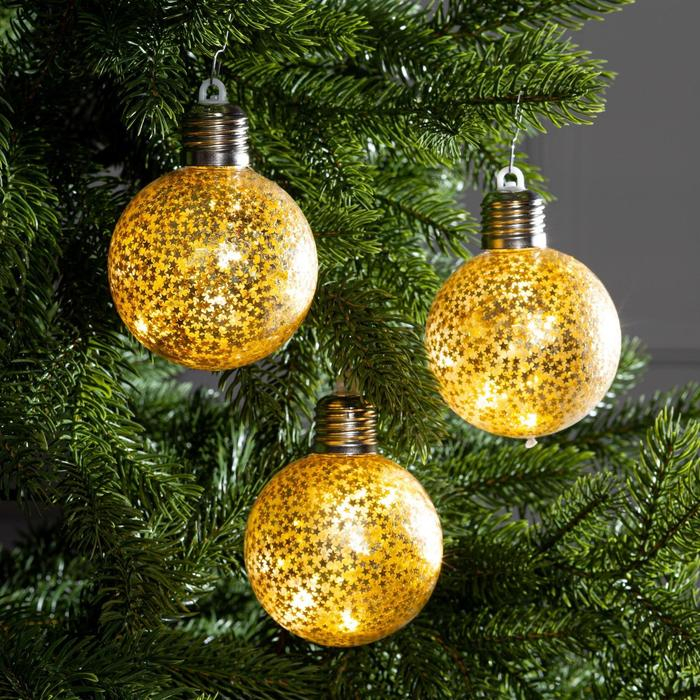 Набор ёлочных шаров &laquo;Звёздочки золотистые&raquo; 3 шт., батарейки, 5 LED, свечение тёплое белое