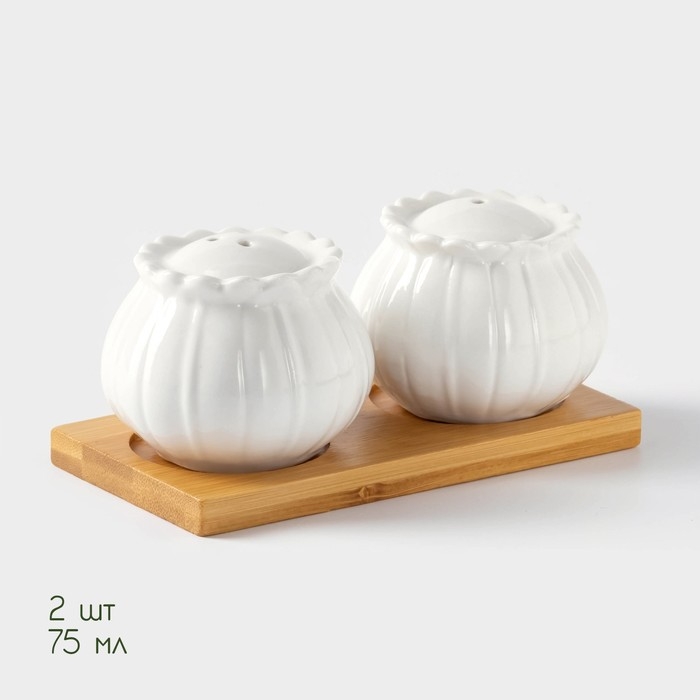 Набор фарфоровый для специй BellaTenero &laquo;Тюльпан&raquo;, 3 предмета: солонка 75 мл, перечница 75 мл, бамбуковая подставка, цвет белый