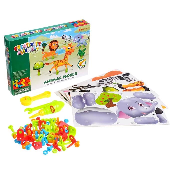 Конструктор винтовая мозаика &laquo;Животные сафари&raquo;, 4 карточки, 3 инструмента