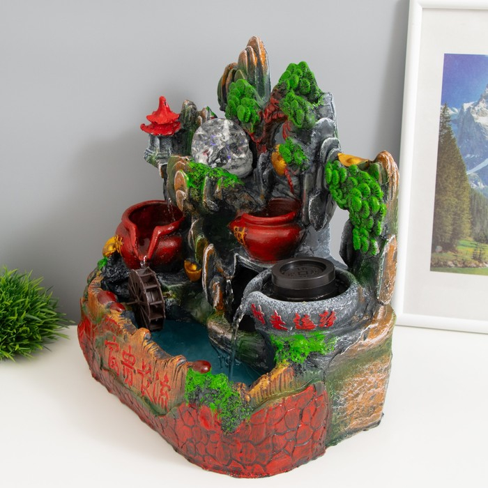 Фонтан настольный полистоун от сети свет Фонтан настольный полистоун от сети свет "Водяная мельница и пагода" 30х19х31 см