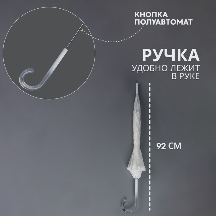 Зонт - трость полуавтоматический &laquo;Кружево&raquo;, 8 спиц, R = 40/58 см, D = 116 см, цвет белый/прозрачный