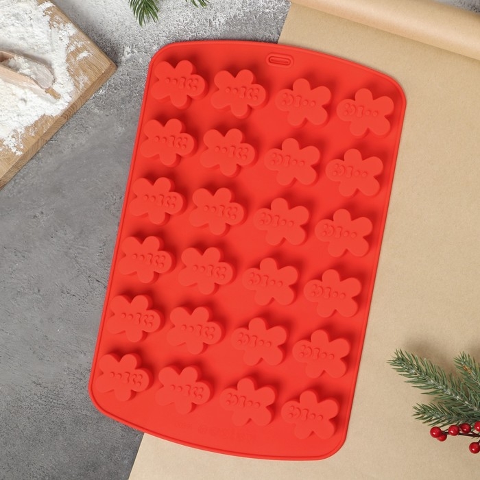 Форма для выпечки новогодняя Доляна «Пряничный человек», силикон, 32,5×21×1,5 см, 24 ячейки, цвет красный Форма для выпечки новогодняя Доляна «Пряничный человек», силикон, 32,5×21×1,5 см, 24 ячейки, цвет красный