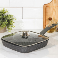 Сковорода-гриль квадратная &laquo;Гранит&raquo;, 26&times;26 см, пластиковая ручка, стеклянная крышка, антипригарное покрытие, цвет серый