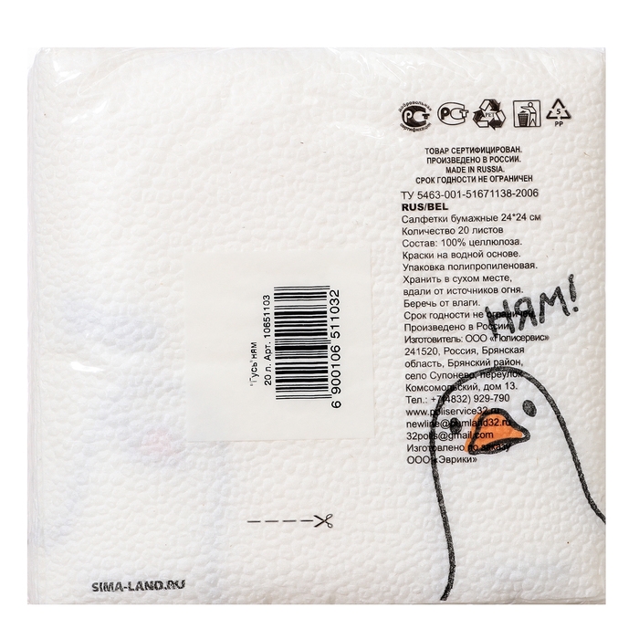 Салфетки бумажные однослойные Салфетки бумажные однослойные "Гусь"ням 24х24 см, набор 20 шт.