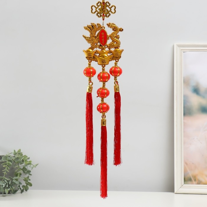 Подвеска пластик, текстиль Подвеска пластик, текстиль "Дракон и феникс на слитках золота" 13х66 см