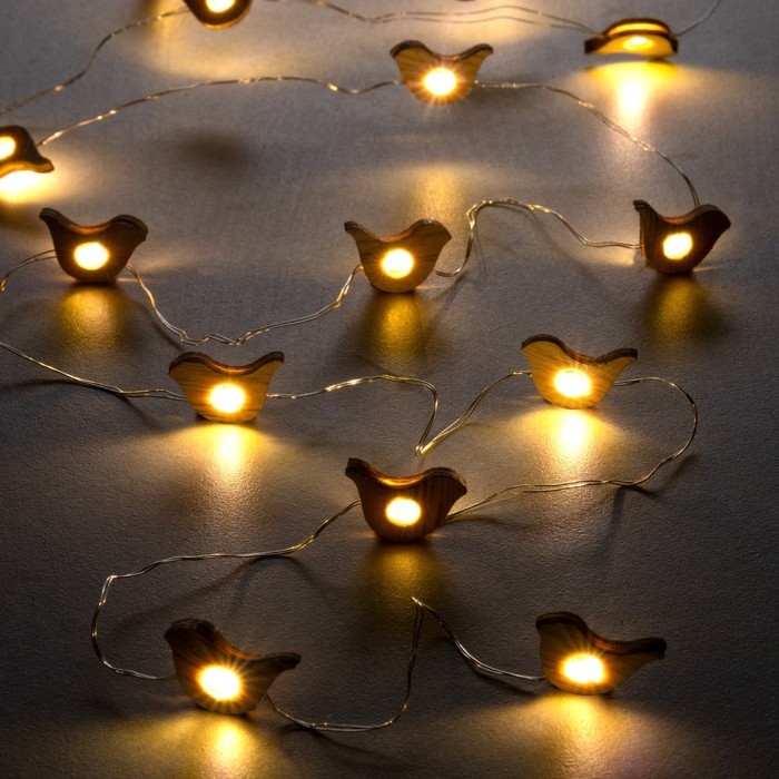 Гирлянда &laquo;Нить&raquo; 2 м роса с насадками &laquo;Птичка&raquo;, IP20, серебристая нить, 20 LED, батарейки ААх2 (нет в комплекте), свечение тёплое белое