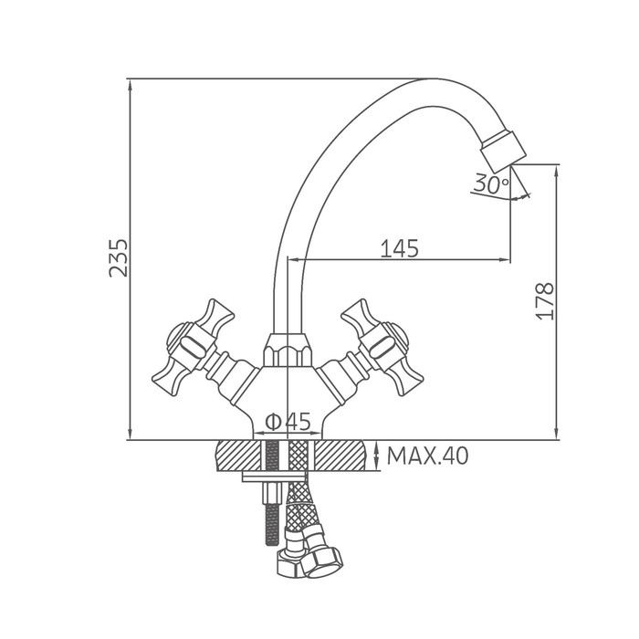 Cмеситель для кухни Accoona A5670, двухвентильный, латунь, хром