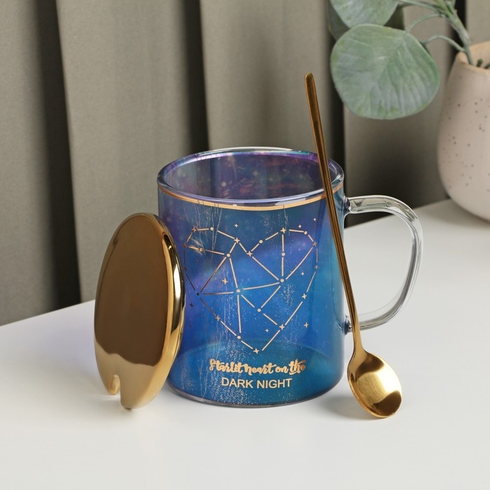 Кружка стеклянная с керамической крышкой и ложкой &laquo;Созвездие&raquo;, 370 мл, цвет МИКС