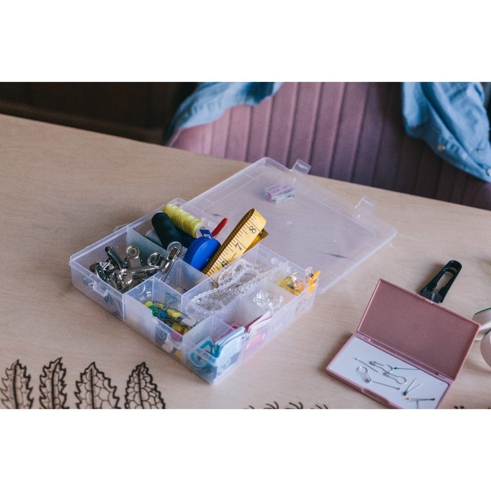 Органайзер для рукоделия, со съёмными ячейками, 14 отделений, 21 &times; 17 &times; 4 см, цвет прозрачный