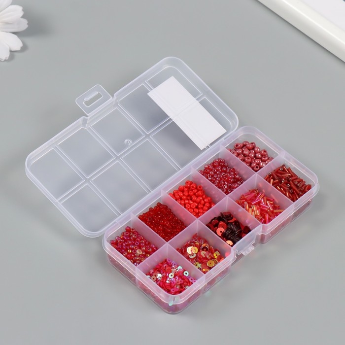 Бисер стекло 6/0, 12/0 в шкатулке Бисер стекло 6/0, 12/0 в шкатулке "Алый" стеклярус и пайетки 12,5х6,5х2 см