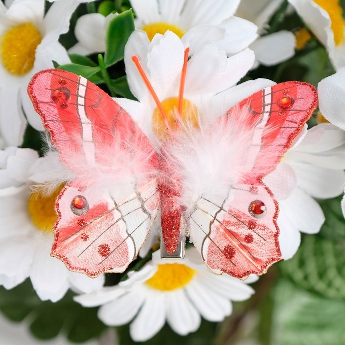Бабочки для декора и флористики, на прищепке, пластиковые, красные, микс, 5 см и 8 см