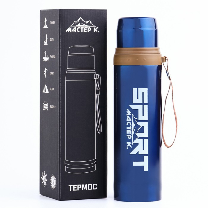 Термос, 550 мл, Гильза Термос, 550 мл, Гильза "Мастер К. Спорт", с кружкой, сохраняет тепло 10 ч, 7 х 28 см, синий