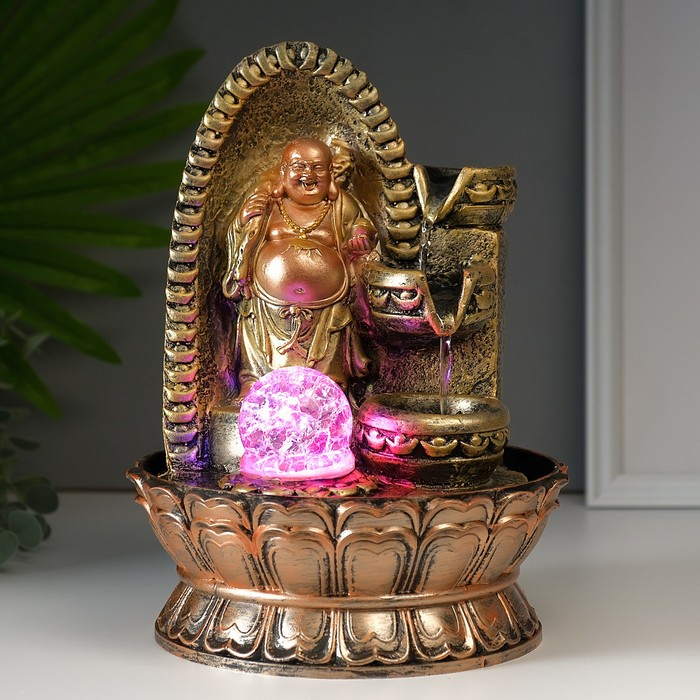 Фонтан настольный от сети, подсветка Фонтан настольный от сети, подсветка "Хотей в арке с водопадом" 28,5х20х20 см