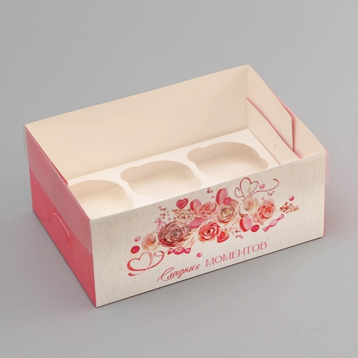 Коробка для 6 капкейков с прозрачной крышкой, Коробка для 6 капкейков с прозрачной крышкой, "Сладких моментов", 23 × 16 × 10 см, кондитерская упаковка