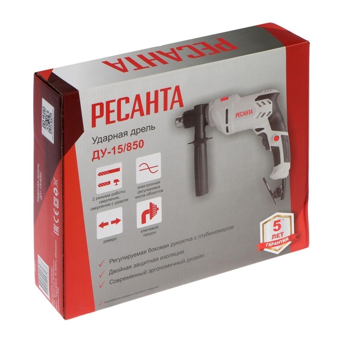 Дрель ударная Дрель ударная "Ресанта" ДУ-15/850, 850 Вт, ЗВП 1.5-13 мм, 3000 об/мин, реверс