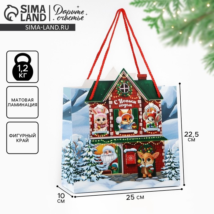 Пакет подарочный новогодний &laquo;Новогодний домик&raquo;, 25 х 27 х 10 см , Новый год