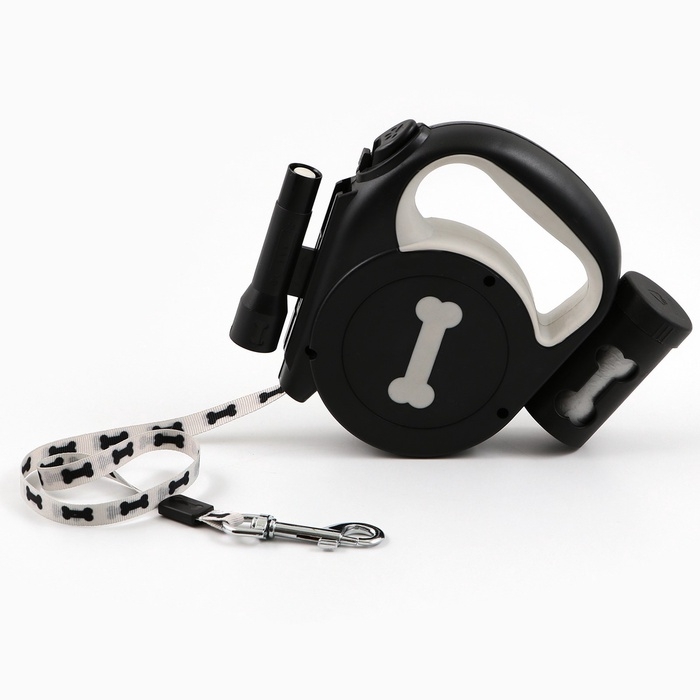 Рулетка &laquo;Косточка&raquo; с фонарем и отсеком для пакетов, 4,5 м, вес животного до 20 кг, черная