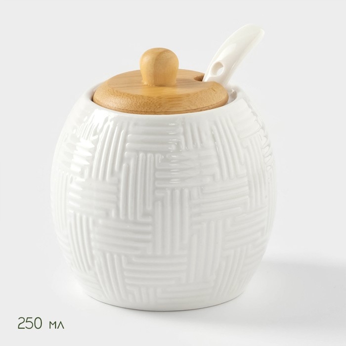 Набор фарфоровый сервировочный BellaTenero, 4 предмета: молочник 250 мл, сахарница с крышкой 250 мл, ложка, бамбуковая подставка, цвет белый