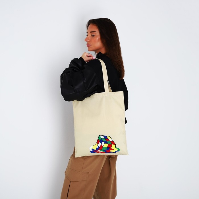 Шопер текстильный с вышивкой «Кубик» , 40х35 см, бежевый цвет Шопер текстильный с вышивкой «Кубик» , 40х35 см, бежевый цвет
