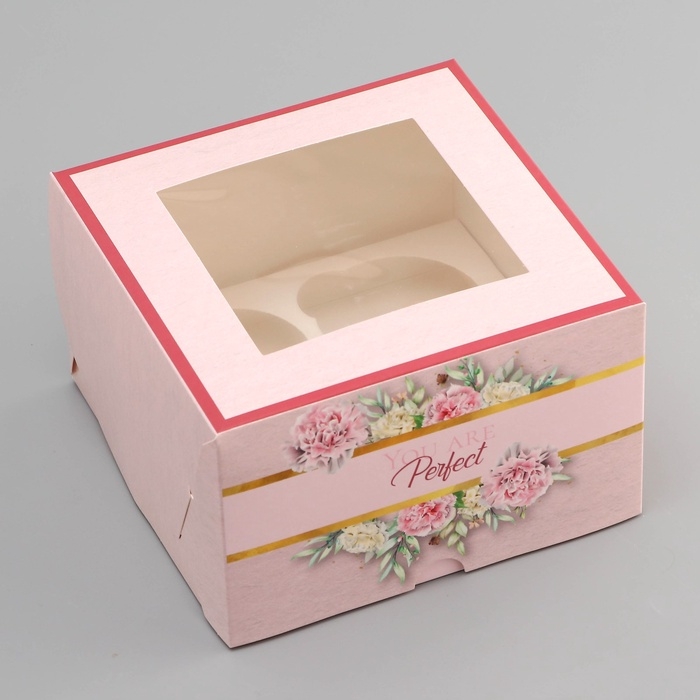 Коробка под 4 капкейка с окном , Коробка под 4 капкейка с окном , "Прекрасной", 16 х 16 х 10 см, кондитерская упаковка