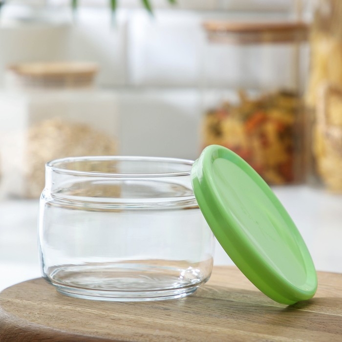 Банка для сыпучих продуктов стеклянная Cesni, 420 мл, зелёная пластиковая крышка Банка для сыпучих продуктов стеклянная Cesni, 420 мл, зелёная пластиковая крышка