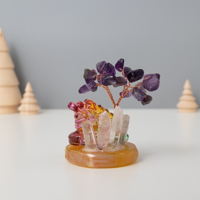 Сувенир стекло, металл Сувенир стекло, металл "Деревце под защитой жабы" 18 камней, фиолетовый 5,5х5,5х9 см