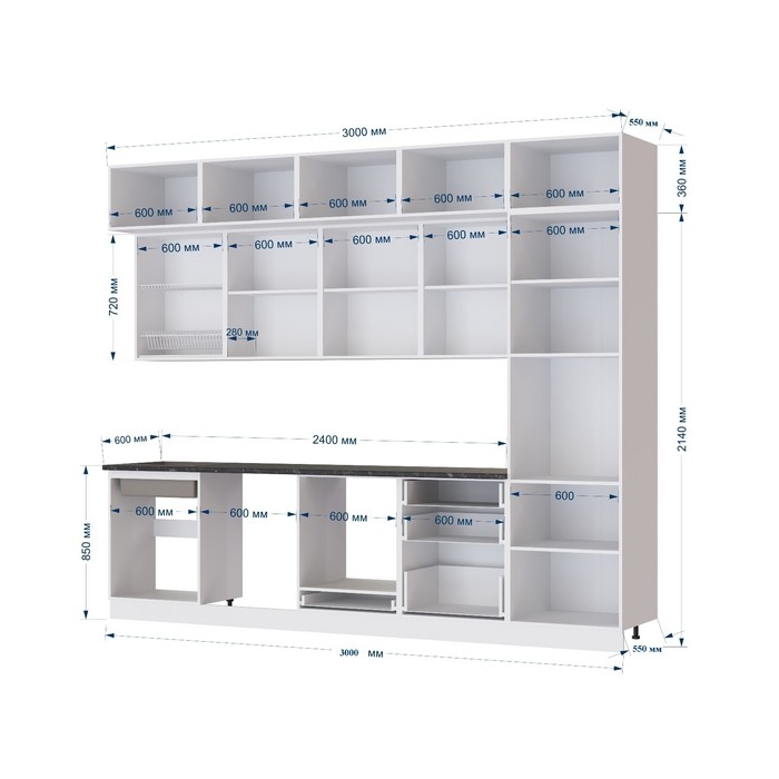 Кухонный гарнитур трехуровневый до потолка  Паола, фасады МДФ Белый софт/Графит софт