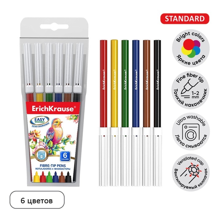 Фломастеры 6 цветов, ErichKrause Easy Washable, блистер, суперсмываемые, ультраяркие цвета, МИКС Фломастеры 6 цветов, ErichKrause Easy Washable, блистер, суперсмываемые, ультраяркие цвета, МИКС
