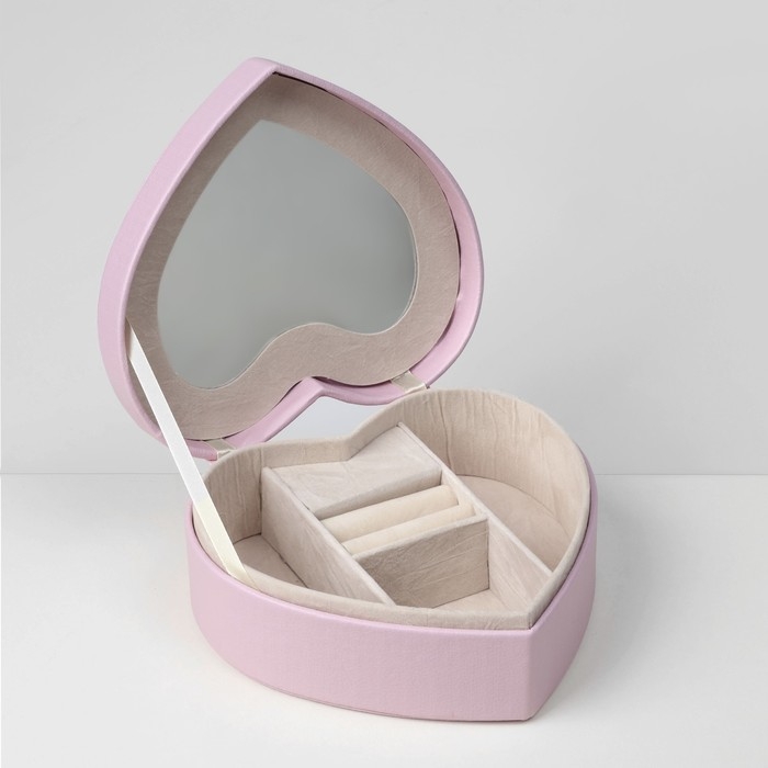 Органайзер для украшений портативный с зеркалом &laquo;Шкатулка сердце единорог&raquo;, 17&times;15&times;7 см, цвет розовый