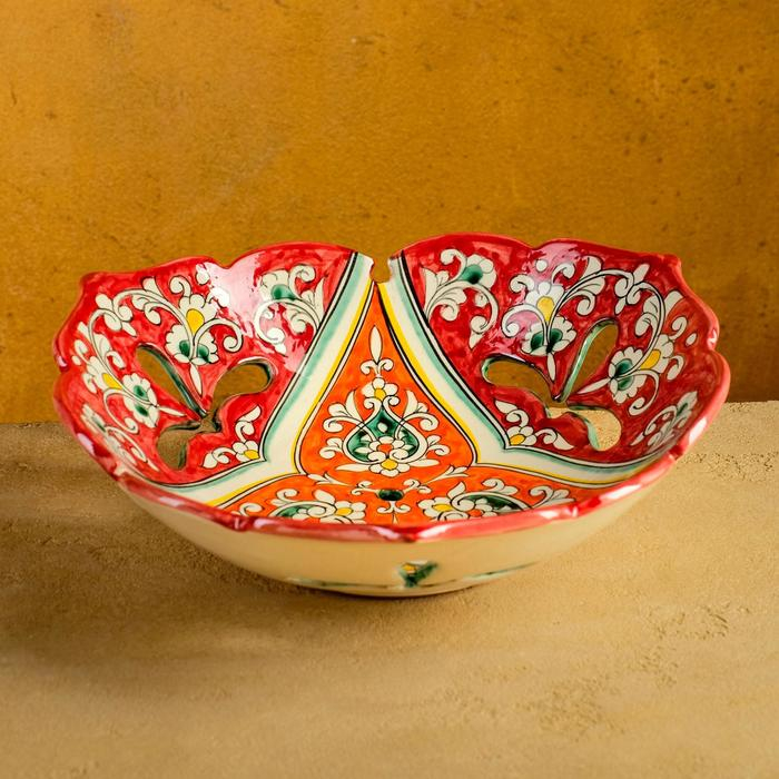Фруктовница Риштанская Керамика "Цветы",  26 см, красная