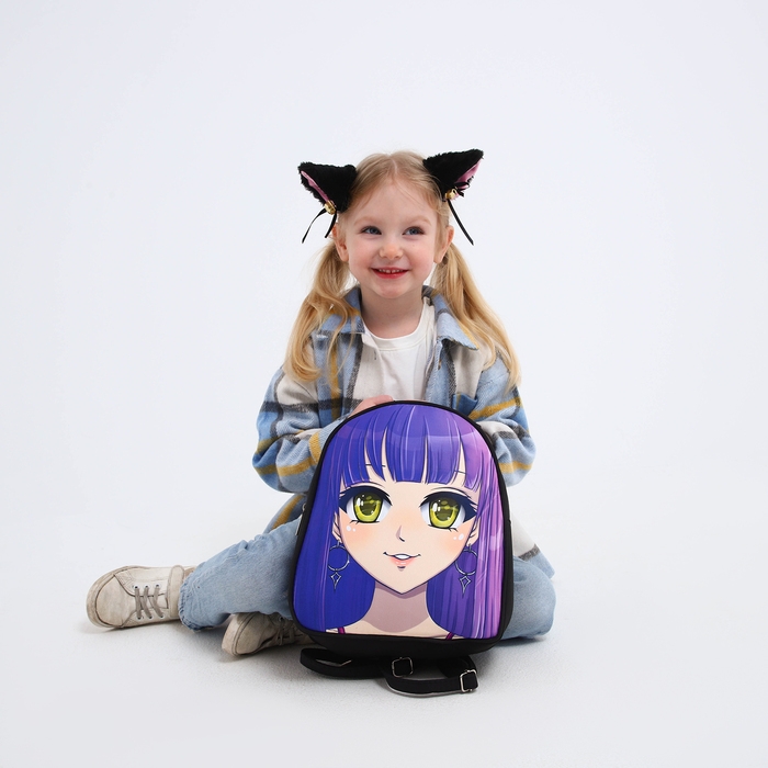 Рюкзак школьный текстильный с ушками на заколках &laquo;Аниме&raquo;, 27х23 см, чёрный/фиолетовый