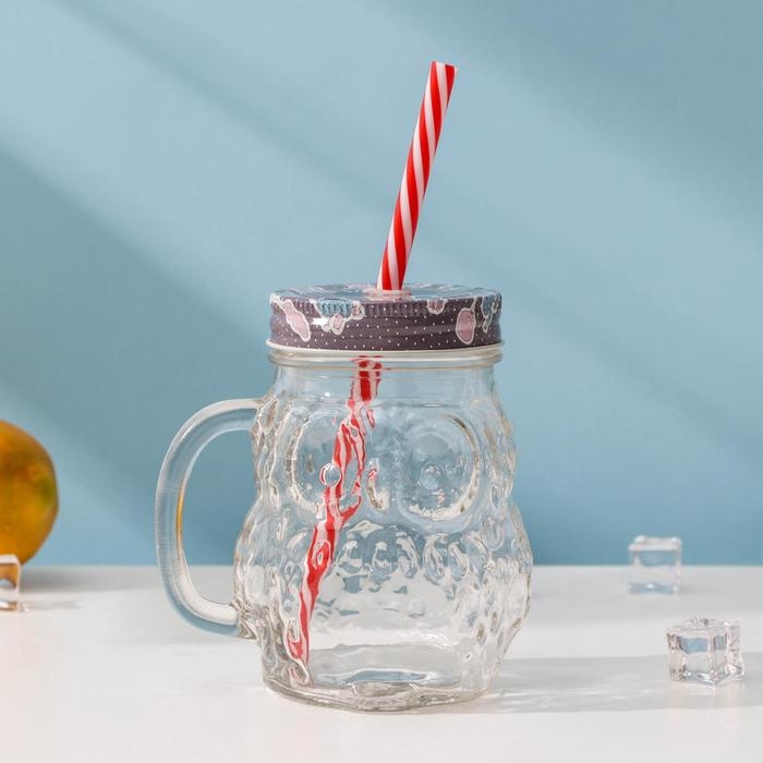 Кружка стеклянная с крышкой и трубочкой &laquo;Сова&raquo;, 470 мл, 10&times;11,5&times;12,5 см, цвет МИКС