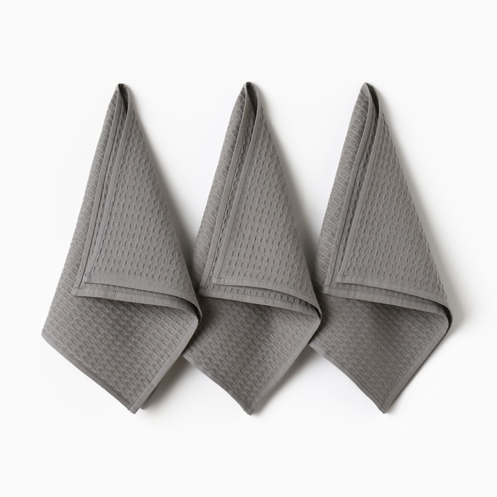 Набор кух.полотенец "Доляна" тёмно-серый 35х60см-3шт., 100% хл, вафля, 220 гр/м2